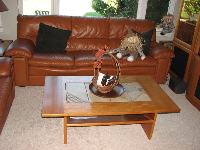 leather sofa, teak coffee table