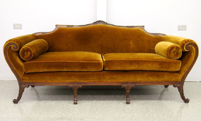8.25 1930's Carved Mahogany sofa w/Mohair upholstery