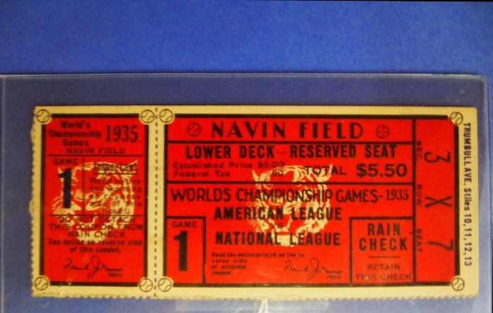 8.25 1935 Detroit Tigers World Series Ticket - Game One