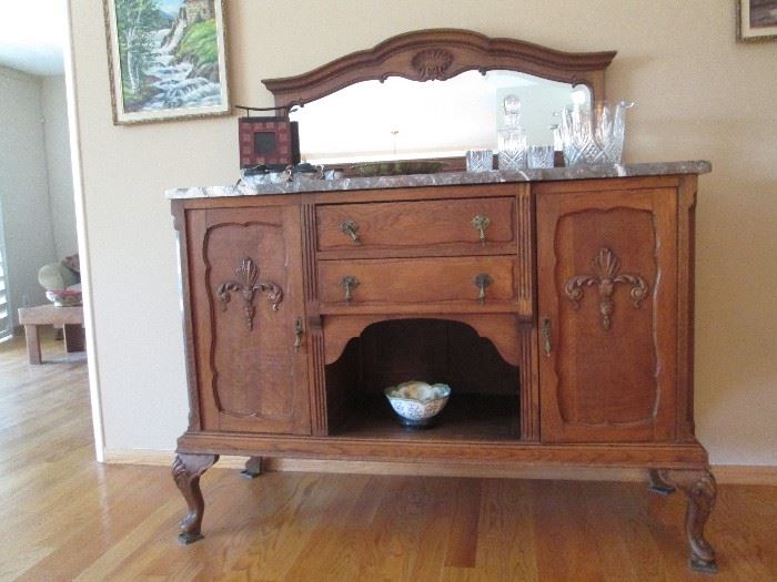 Beautiful antique marble topped Belgian Breakfast Sideboard...Beveled mirror topper removes for easy transport