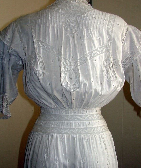 Stunning white lawn tea gown with eyelet lace and painstaking handwork.