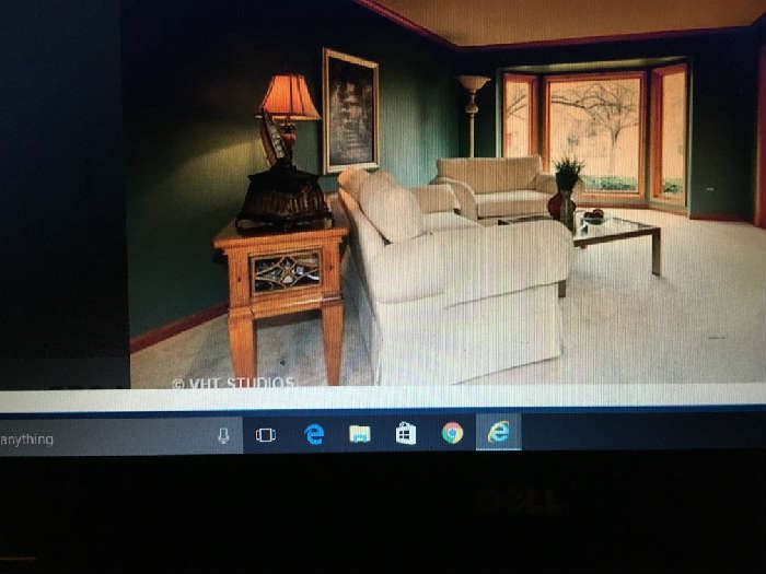 Marshall Fields white tone on tone sofa and love seat, sofa table and glass coffee table