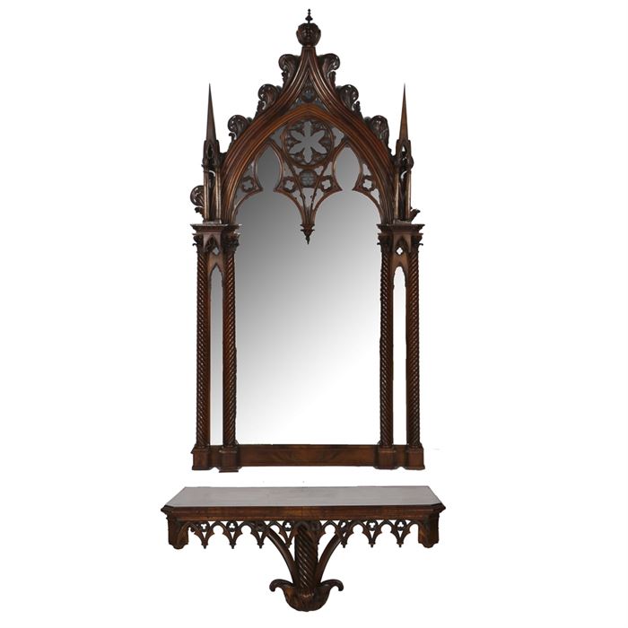 Figured Mahogany Gothic Revival Wood Mirror and Console