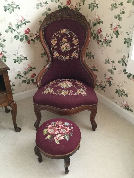 Antique Needlepoint Chair w/Footstool 