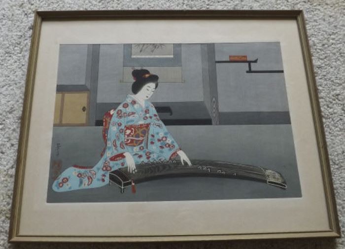 FVM007 Framed Wood Block Print Geisha and Koto
