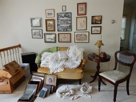 Small Settee, Assorted Framed Decorative, Mahogany Side Chair, Drum Table