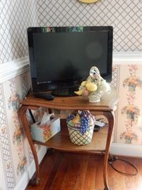 French Style Table with Assorted Ceramics & Small TV