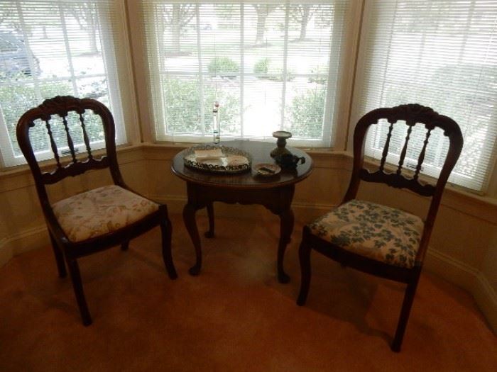 2 Mahogany Rose back Side Chairs & Small Table