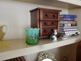 Opalescent Glass Vase, antique miniature chest of drawers - salesman's sample