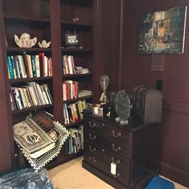 Mid Century Painting and file cabinets and african bark papers - books, angels