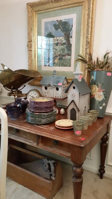 Antique pine desk. Wonderful old brass/iron general store scale. Painted tole and decorative birdhouses.