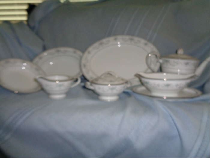 Hostess set, Teapot, gravy bowl, creamer, sugar bowl/lid, platter, serving bowl,  cereal/soup bowls
