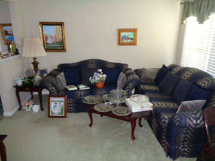 Sofa, love seat, tables, chairs, lamps, crystal platters, cake plates, collectibles