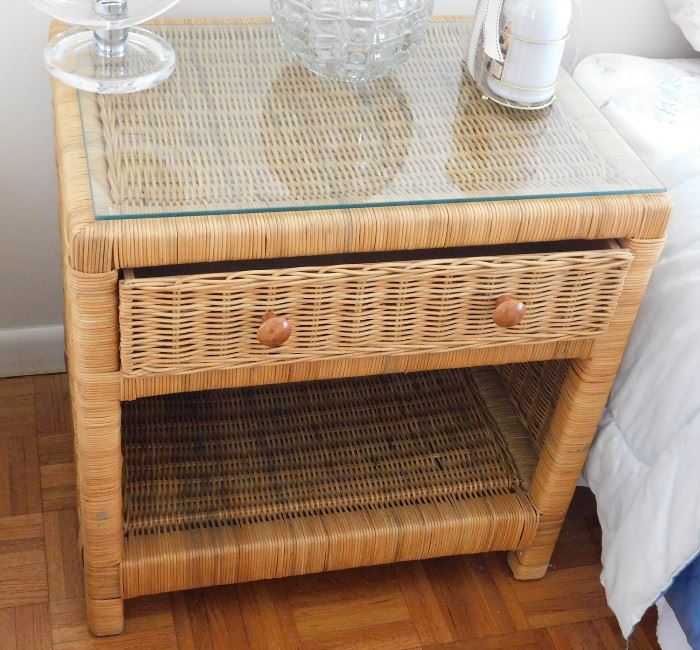 wicker side table w/ drawer and glass top $60