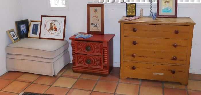 ottoman $35, painted red Mediterranean 2 drawer chest $65, Cottage painted 4 drawer dresser $75 