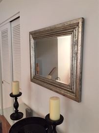 Heavy wood candlesticks and hanging mirror. $30 for candlesticks and $45 for mirror
