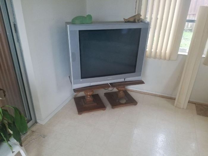 Two side tables, Lg tube tv w/flatscreen and remote. 