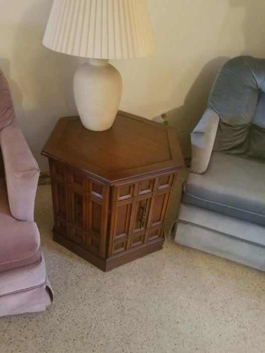 Living room side table, 2nd of 4 high quality lamps, 2 of 3 plush rocking chairs. 