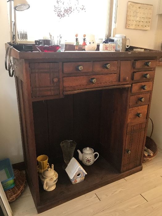 Owner was a watch maker/ repairman, this is his  watchmakers bench, made of English Walnut  Mid 1800's drawers full of watch repair material cabinet 42t x 40 wx 18.5 deep 
