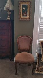 Louis XV style chair with ornate legs, suede-like fabric.      Picture & lamp also for sale.