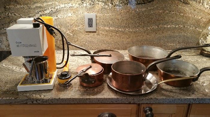 Antique Copper Cookware with skillet, 4 saucepan & 3 lids.  Very Heavy - Bids Accepted                                 Expresso maker 