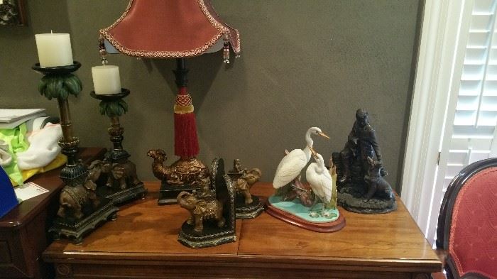 Bronze, Egret Figurine by Andrea, Set of elephant bookends, matching set of elephant candle holders, Camel lamp with tassels.