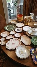 Various Limoges pieces, Majolica geranium leaf plates, Castle Court fine china serving pieces, Silver plated toast holder, Epoch fine china