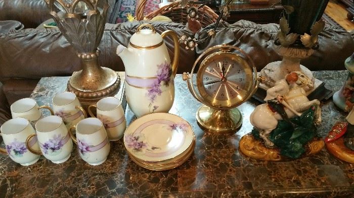 HC Royal Bavaria Chocolate Pot w/ 6 mugs & saucers,  Royal Doulton St. George Figurine, Vintage Brass Nautical Desk Clock