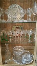 Waterford Crystal, Glastonberry, Baccarat crystal wine glasses, champagne, cordial/cocktail glasses, Large silver plated footed tray, various crystal