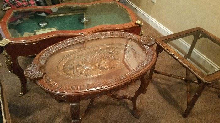 1930's Tea table w/ ornate carving, Antique Coffee table with gold trim and storage/display, side table