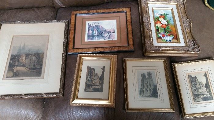 Various lithographs, steel etchings, enamel on copper framed prints/paintings