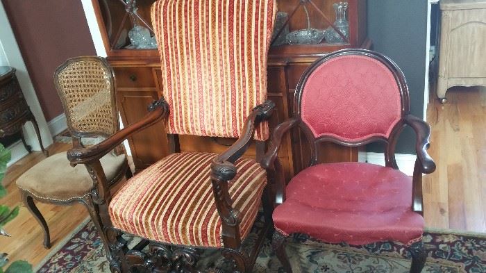 Louis XV cane backed side chair, suede bottom,    Antique Maroon Louis XV style arm chair with rounded back and ornate legs, Large armchair (Louis XIV?) orante arms & bottom, straight back
