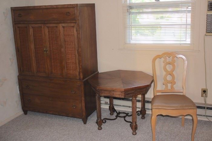 Armoire , Chair and Small Octagonal Wood Table