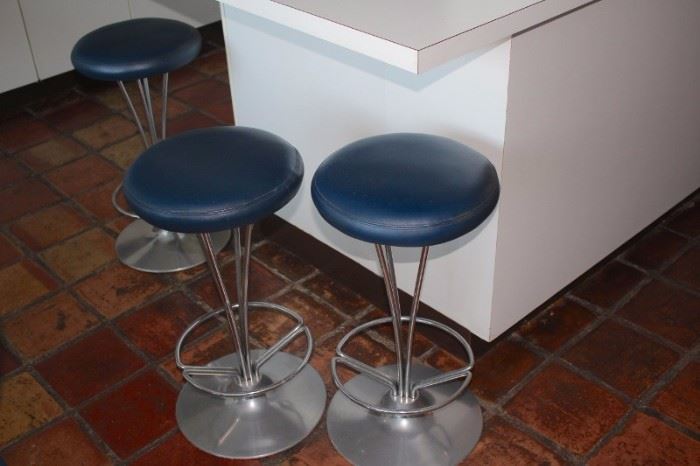3 Metal and Blue Kitchen Stools