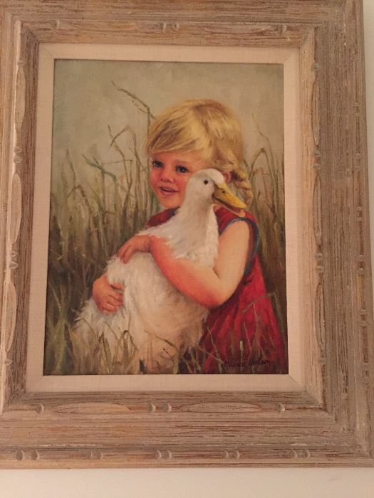Girl and duck oil painting