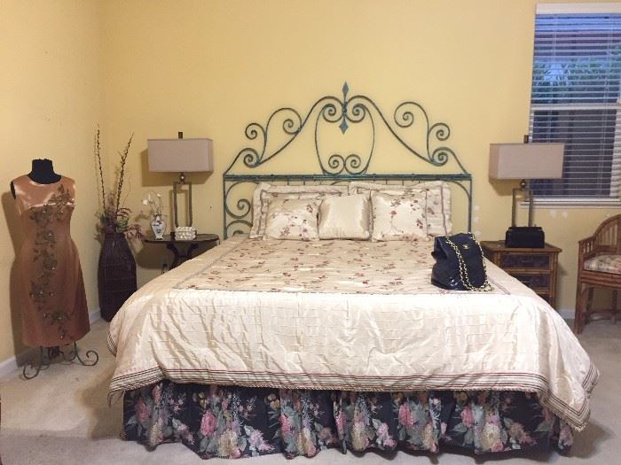 King Bed with a Wrought Iron Garden Gate for a Headboard!