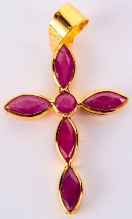 Lot 25 - Jewelry 18kt Yellow Gold Ruby Cross Pendant