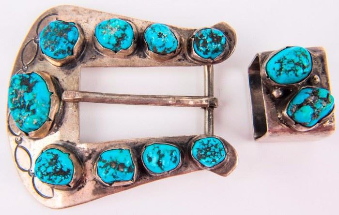 Lot 390 - Jewelry Sterling Silver Turquoise Buckle Set