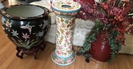 Large Planter, Oriental Style Pedestal, Vase & Flowers