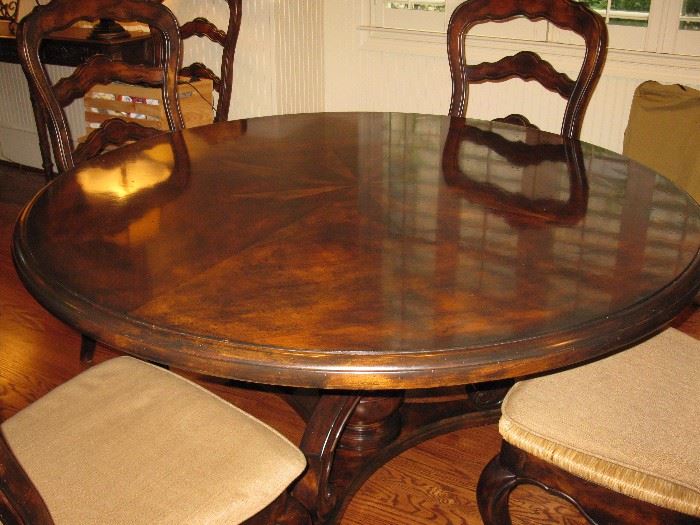 French Country custom dining table by Lorts - 60" round with 6 chairs - cushions - rush seats