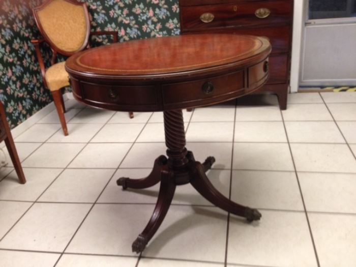 Tambour round table with leather top