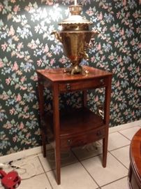 Side table two drawers & Brass samovar lamp