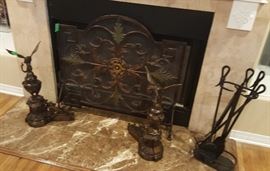 Great bronze and iron fireplace screen with two eagle andirons