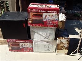 New in box assortment of heaters, chafing dishes, glasses, and other