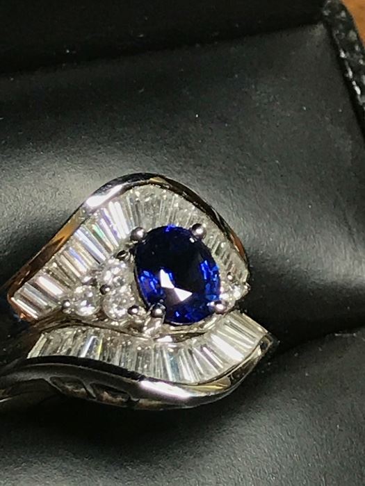 Blue Sapphire ring in 18k white gold. Diamonds are 1.18 ctw and the Sapphire is  .93 carat. This has been appraised by a certified gemologist and the copy will be available to the purchaser.  Size is 6 1/2.