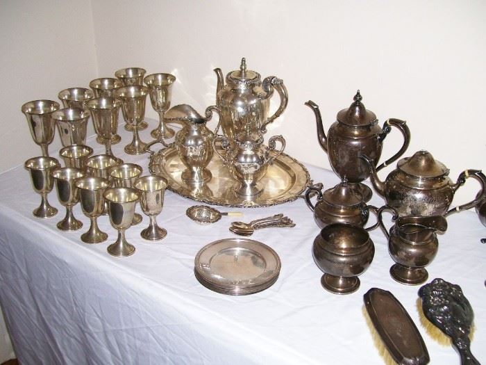 Sterling goblets, saucers, 2 tea sets
