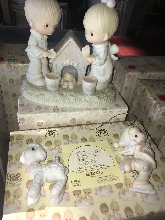 Large collection of Precious Moments figurines. Mostly 1980's era. No chips or cracks. All very well taken care of. All, except those in this photo, are in their boxes. 