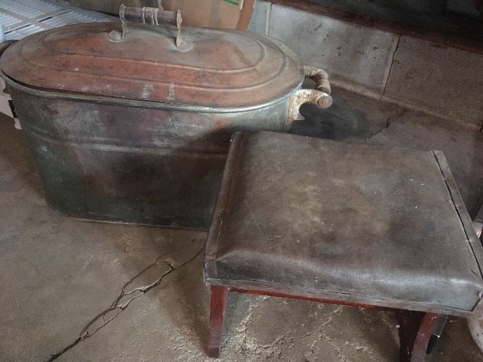 Antique copper wash tub, and leather top footstool (original leather).