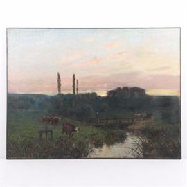 John F. Stacey Oil Painting on Board of Farm Landscape at Sunrise: An oil painting on board by artist John F. Stacey. The landscape work depicts a bucolic rural setting at sunrise, with pink and yellow morning light breaking over a farmer crossing a stream with his cows. The piece is signed “John F. Stacey, Paris” in deep red paint to the lower right. It is unframed but mounted to a backing with hanging wire affixed to the verso.