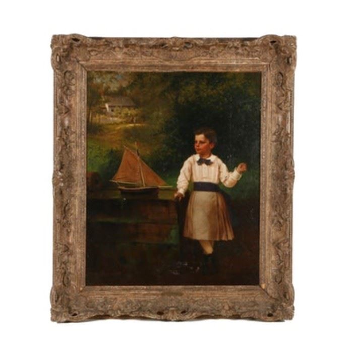 John George Brown Oil Painting on Canvas of a Boy and Sailboat